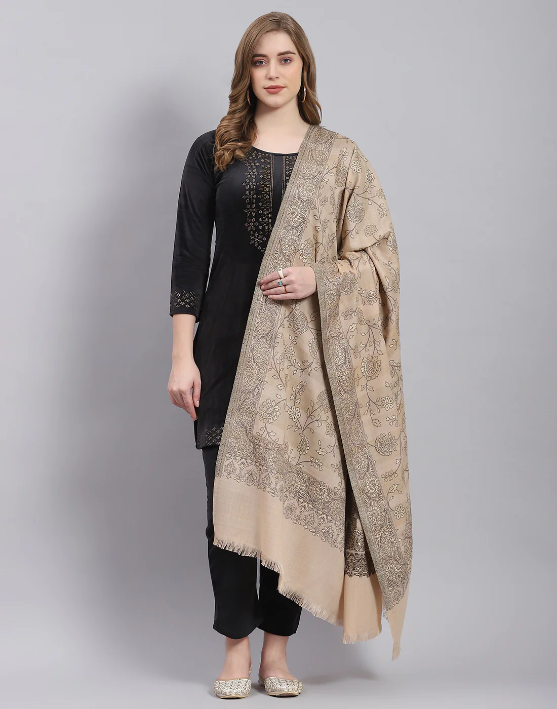Women Beige Self Design Shawl - Image 3