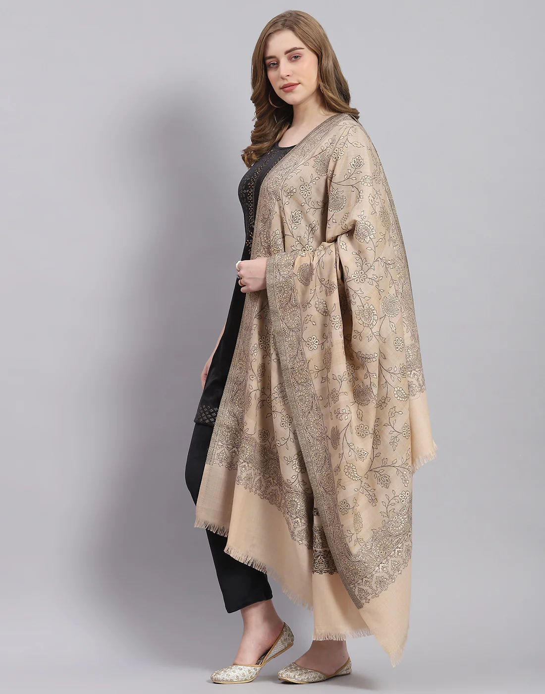 Women Beige Self Design Shawl - Image 4