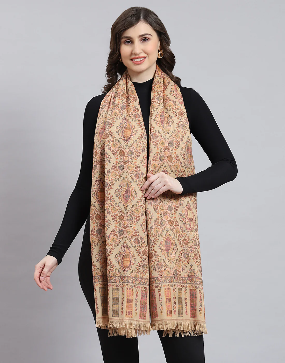 Women Beige Self Design Shawl - Image 2
