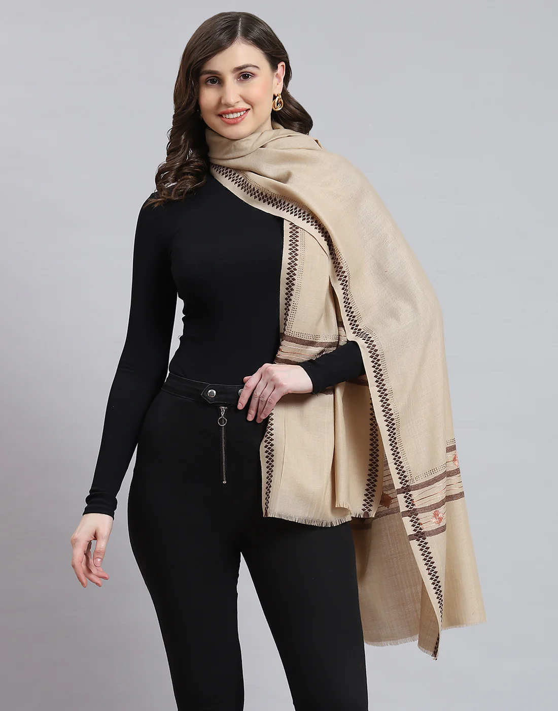 Women Beige Self Design Shawl - Image 3