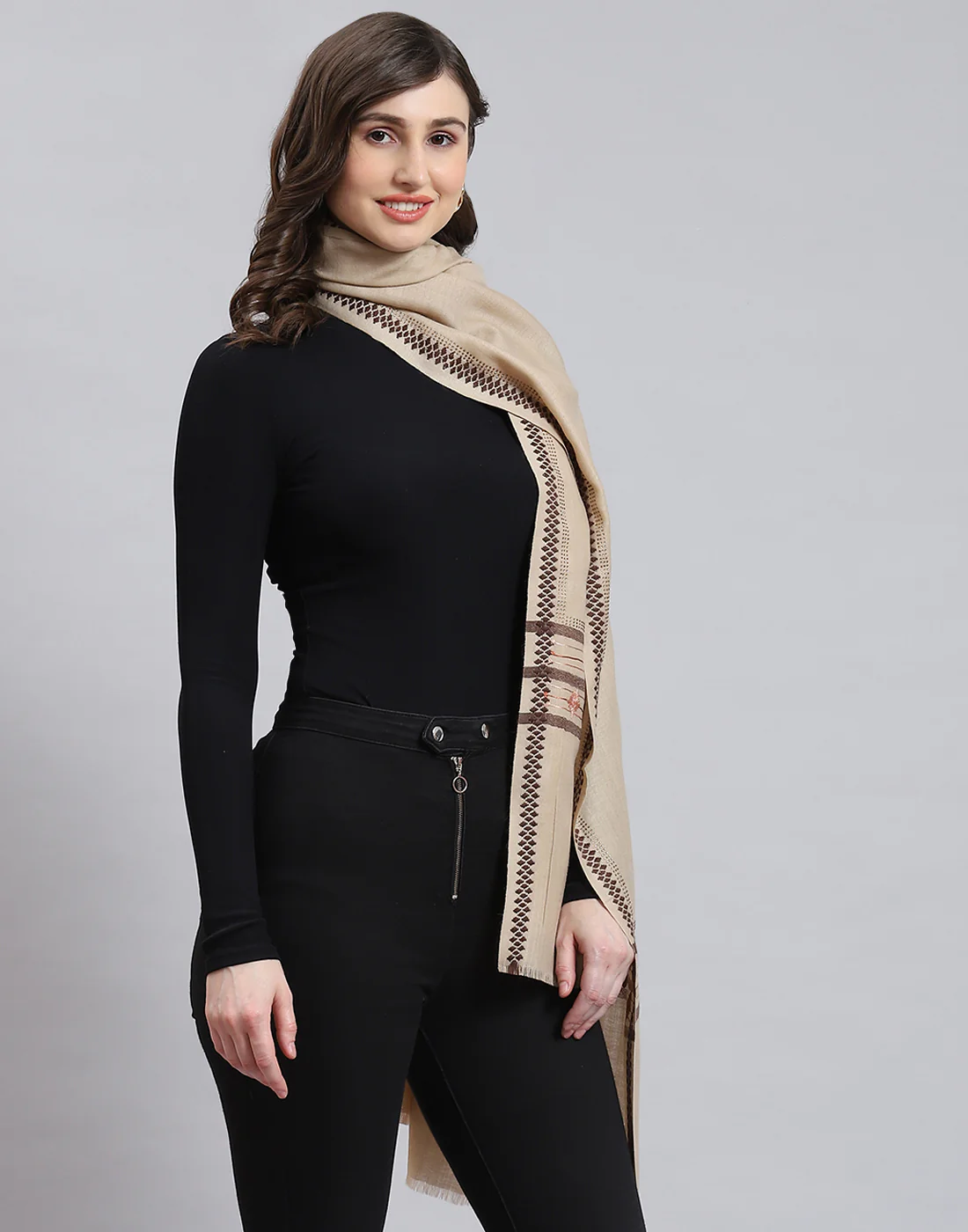 Women Beige Self Design Shawl - Image 5
