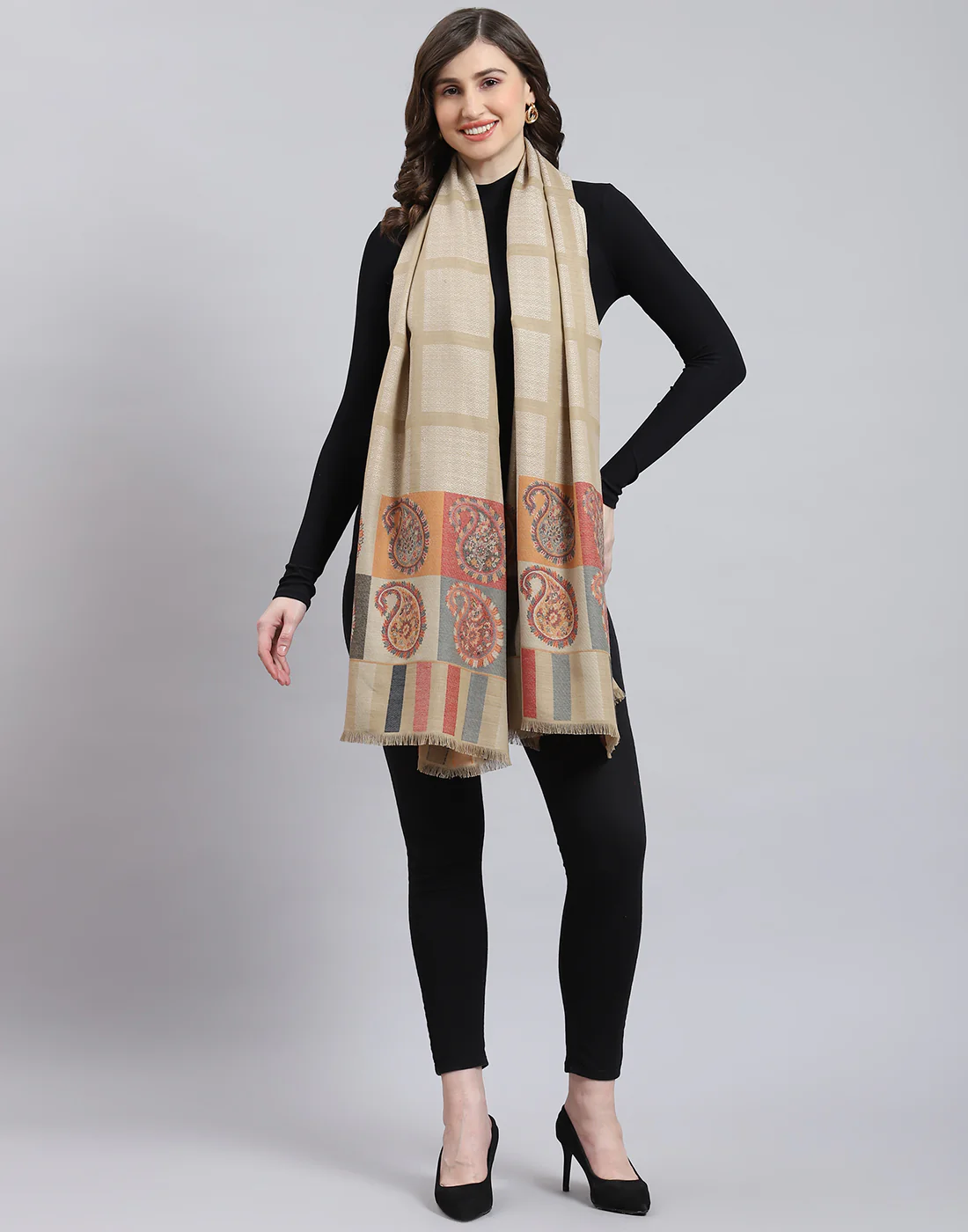 Women Beige Self Design Shawl - Image 2
