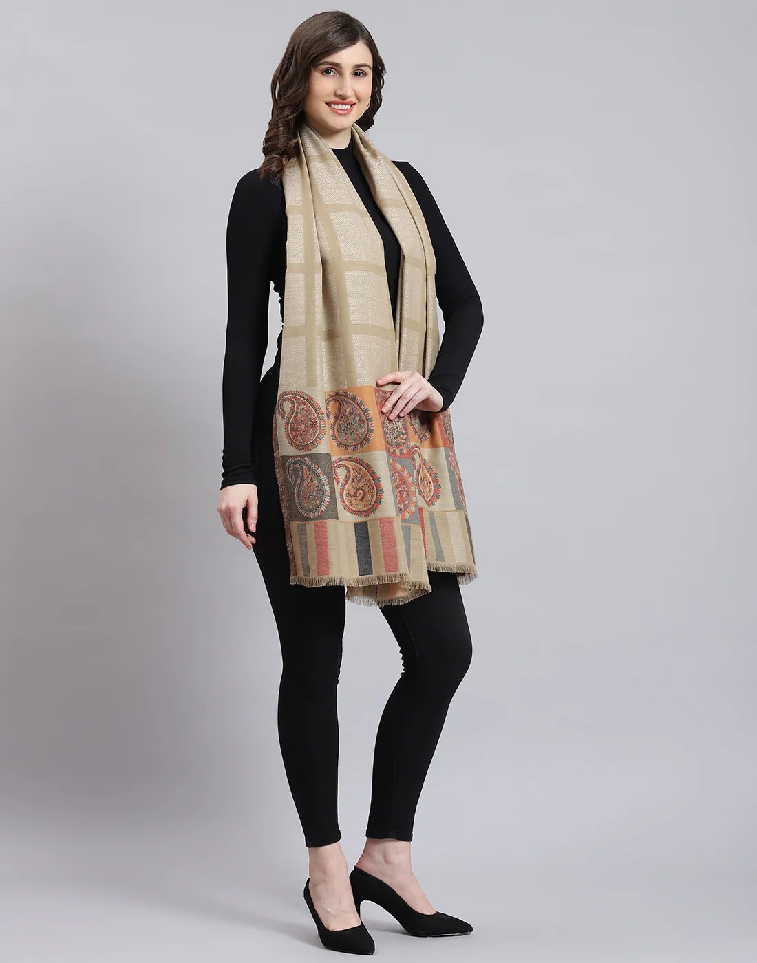 Women Beige Self Design Shawl - Image 4