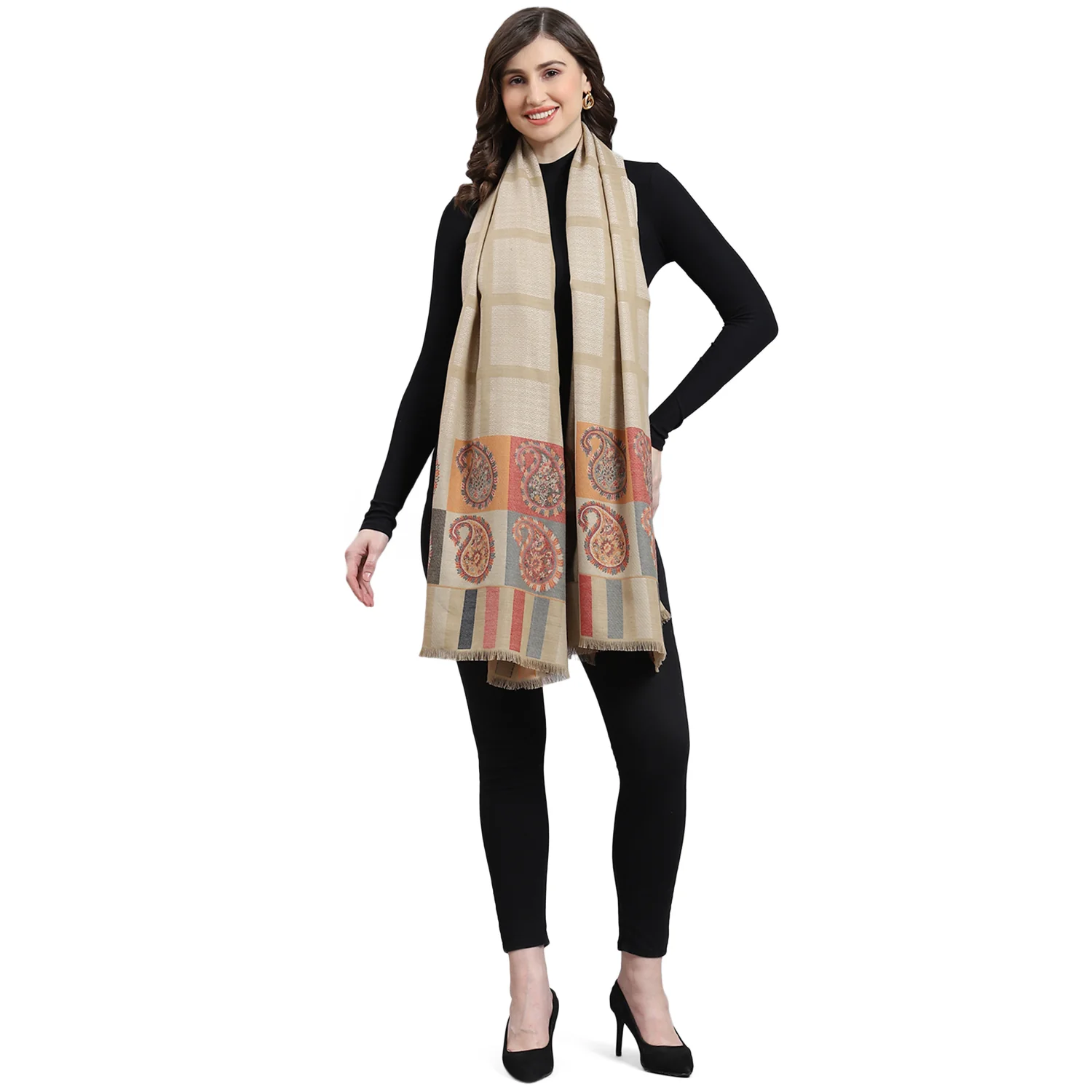 Women Beige Self Design Shawl - Image 5