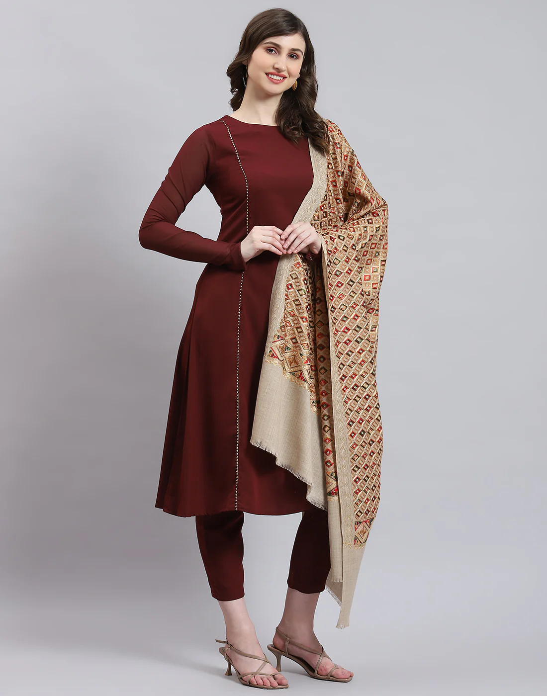 Women Beige Self Design Shawl - Image 4