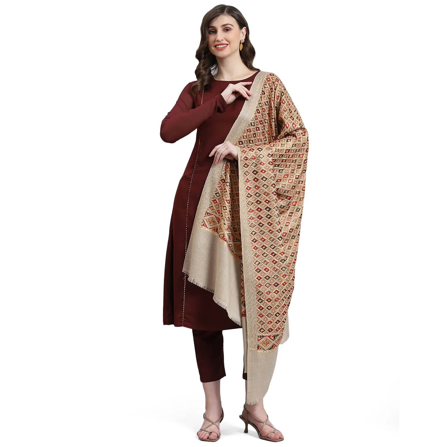 Women Beige Self Design Shawl - Image 5