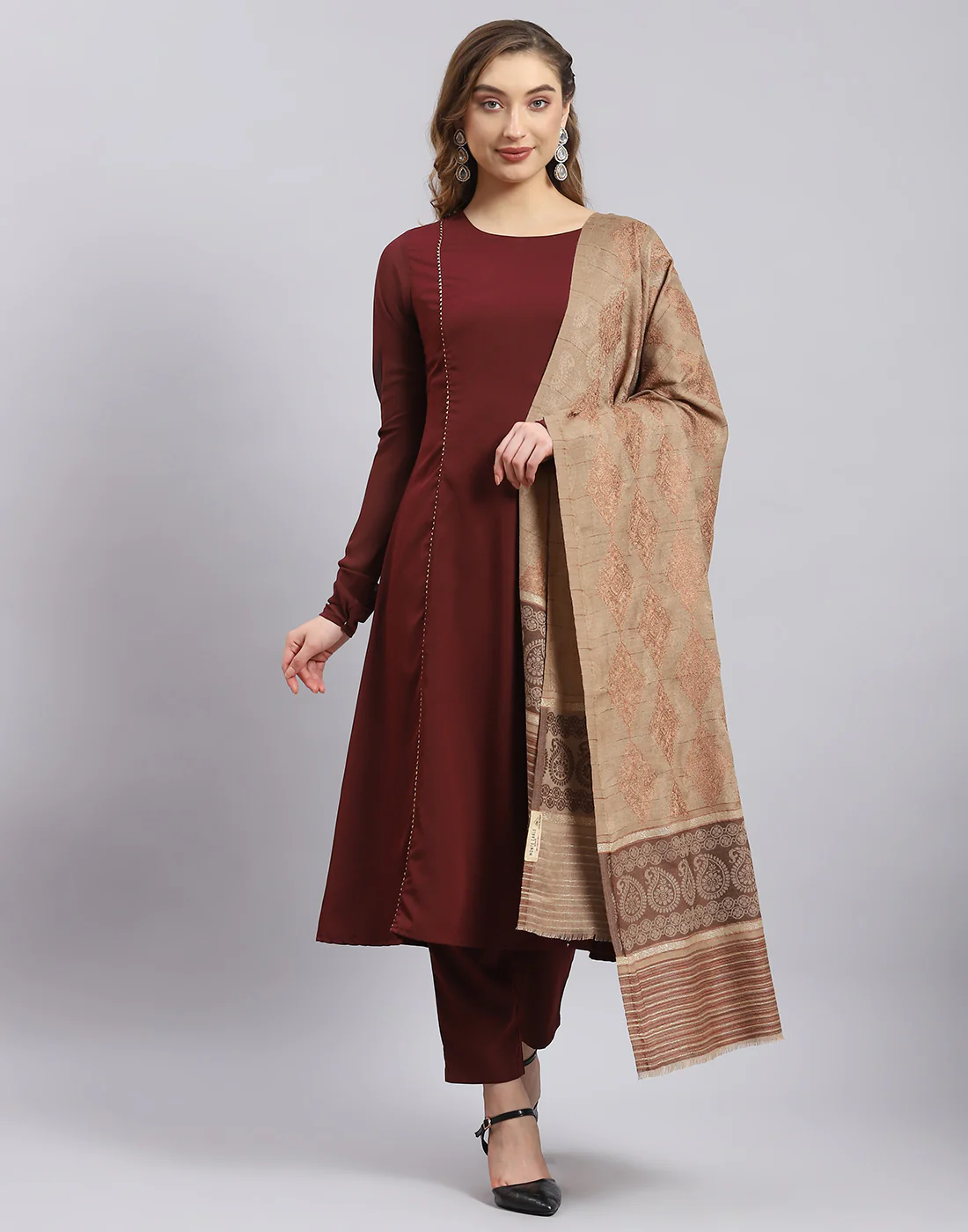 Women Beige Self Design Shawl - Image 3
