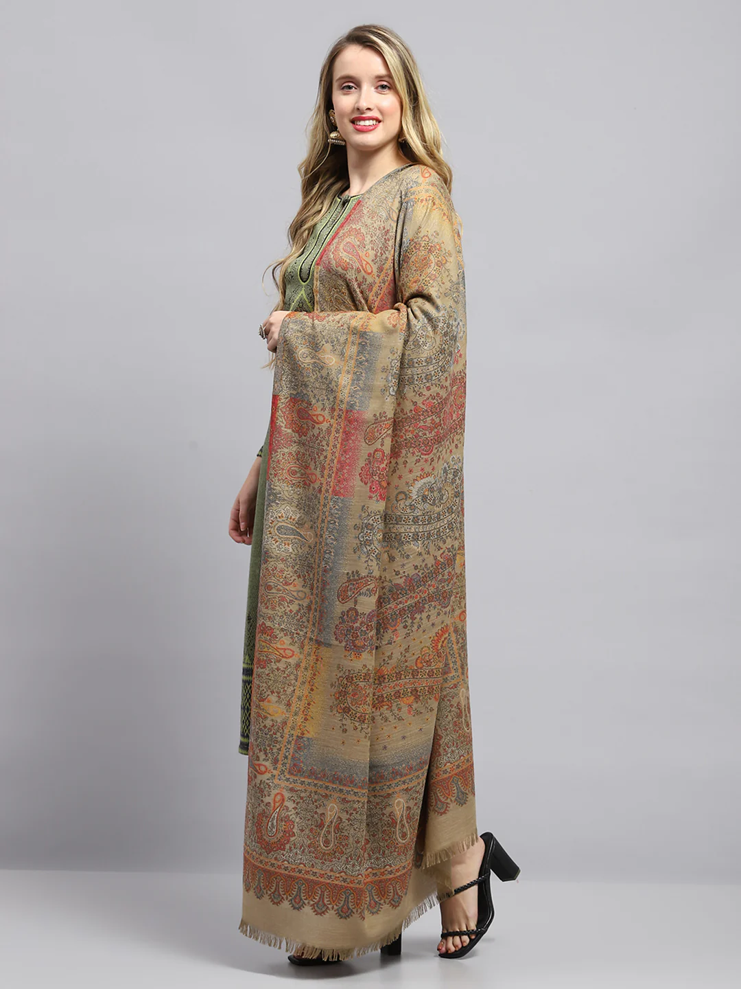 Women Beige Self Design Shawl - Image 3