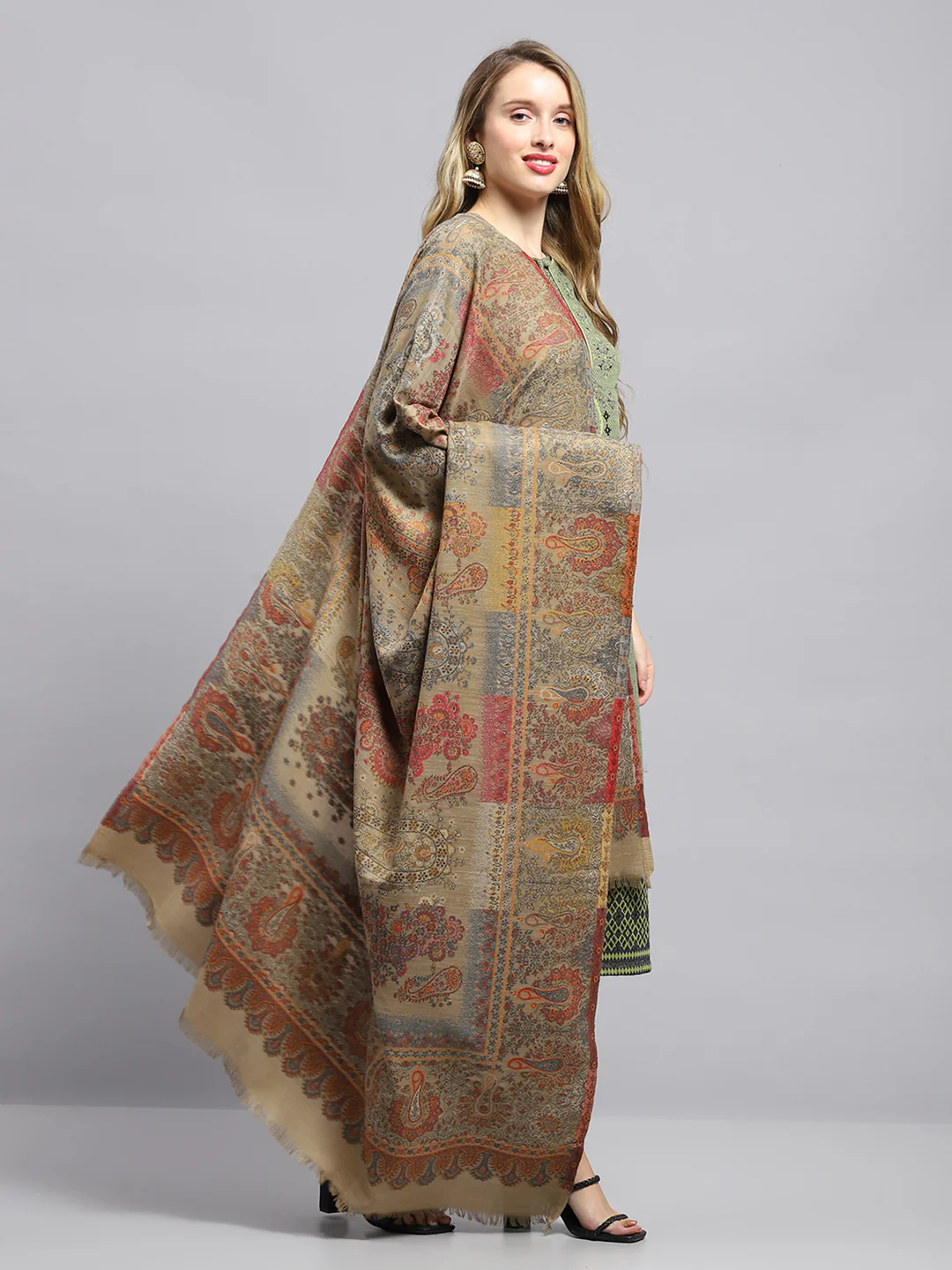Women Beige Self Design Shawl - Image 4