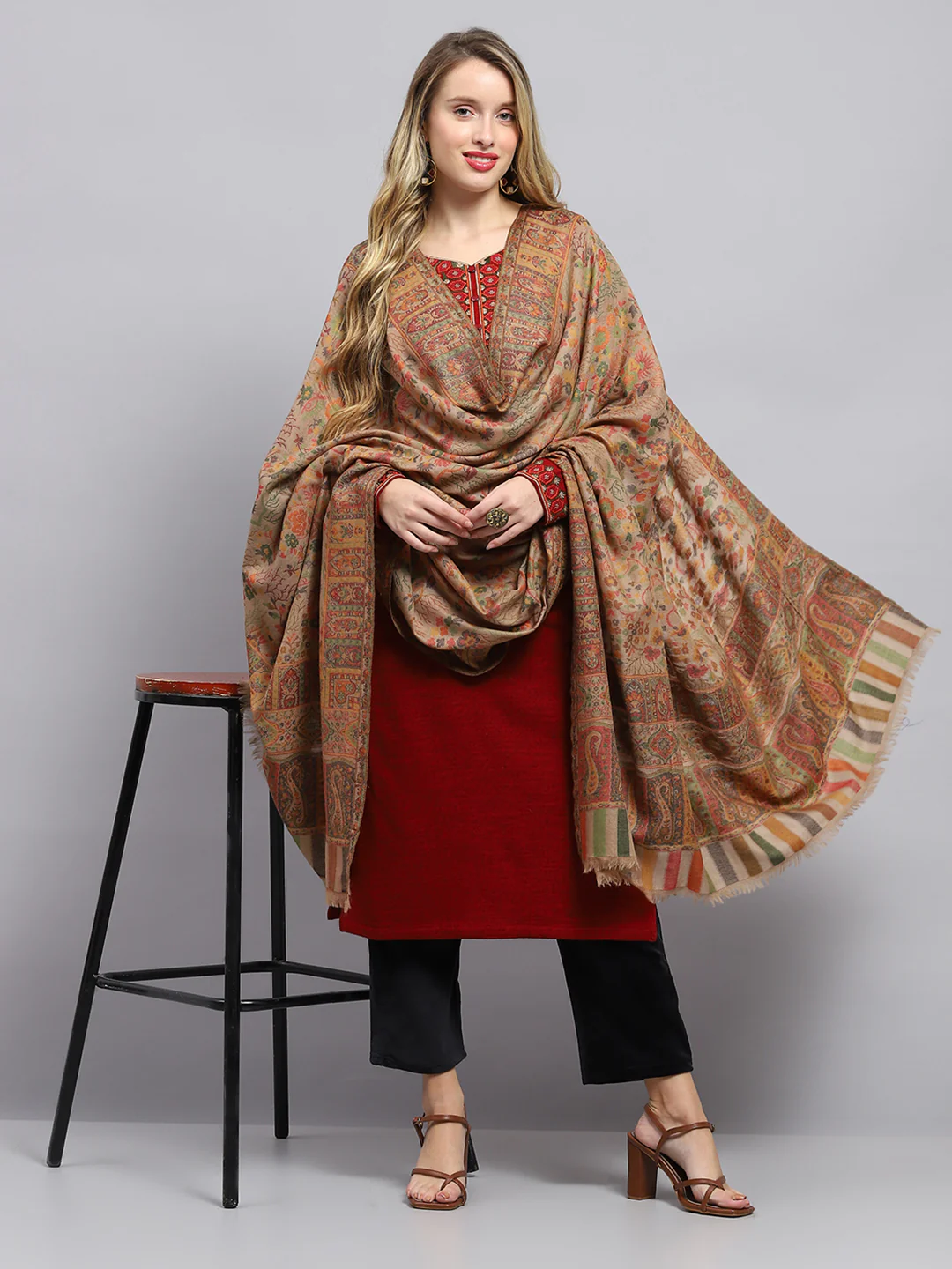 Women Beige Self Design Shawl - Image 5