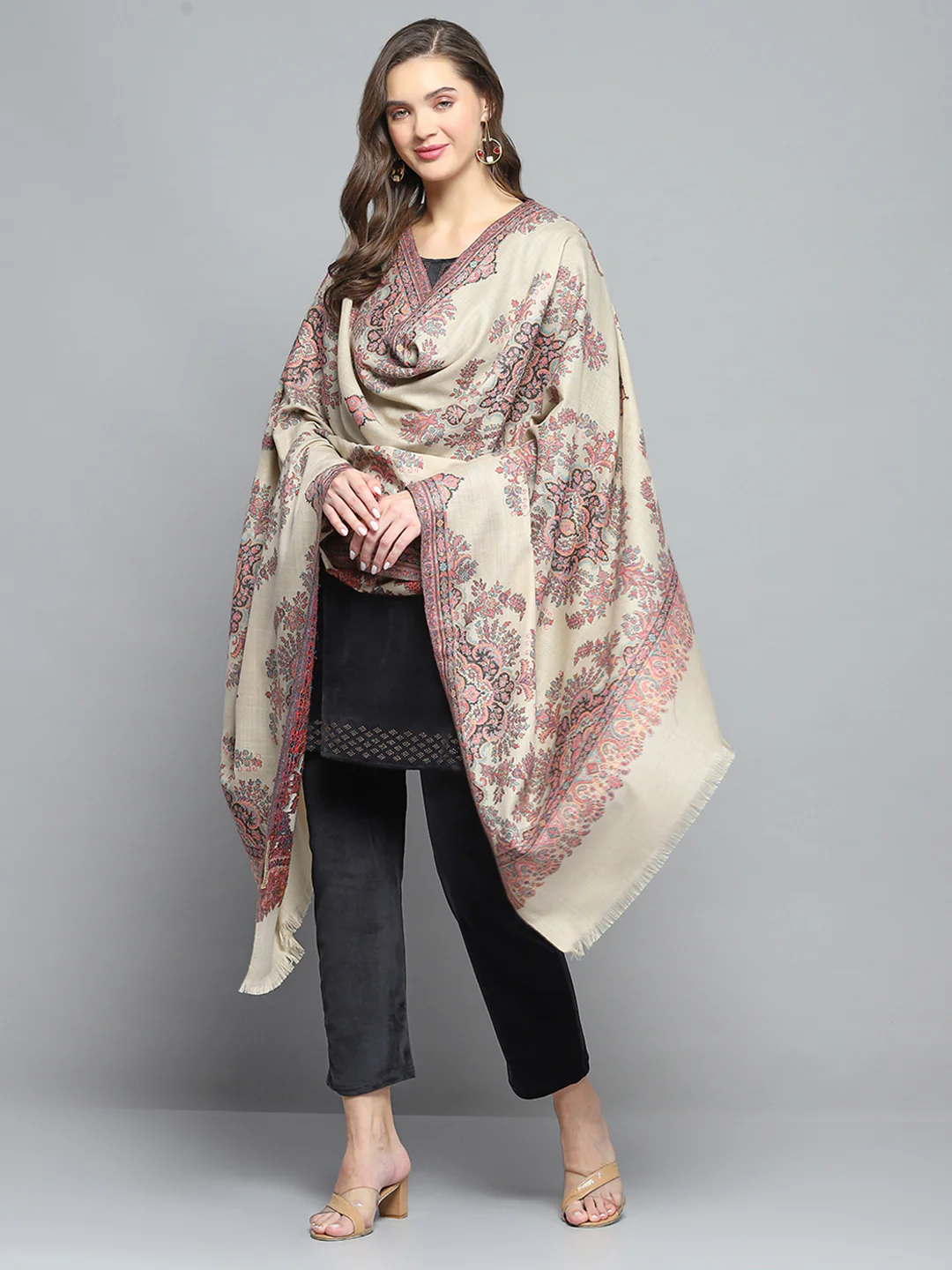Women Beige Self Design Shawl - Image 2