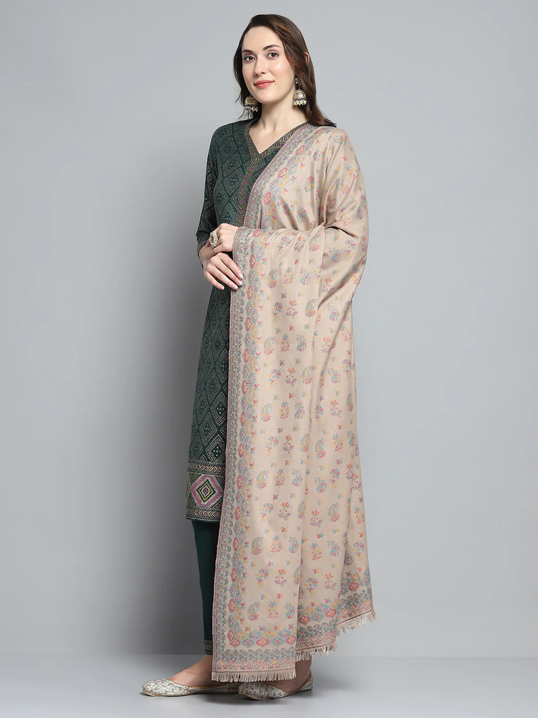 Women Beige Self Design Shawl - Image 3