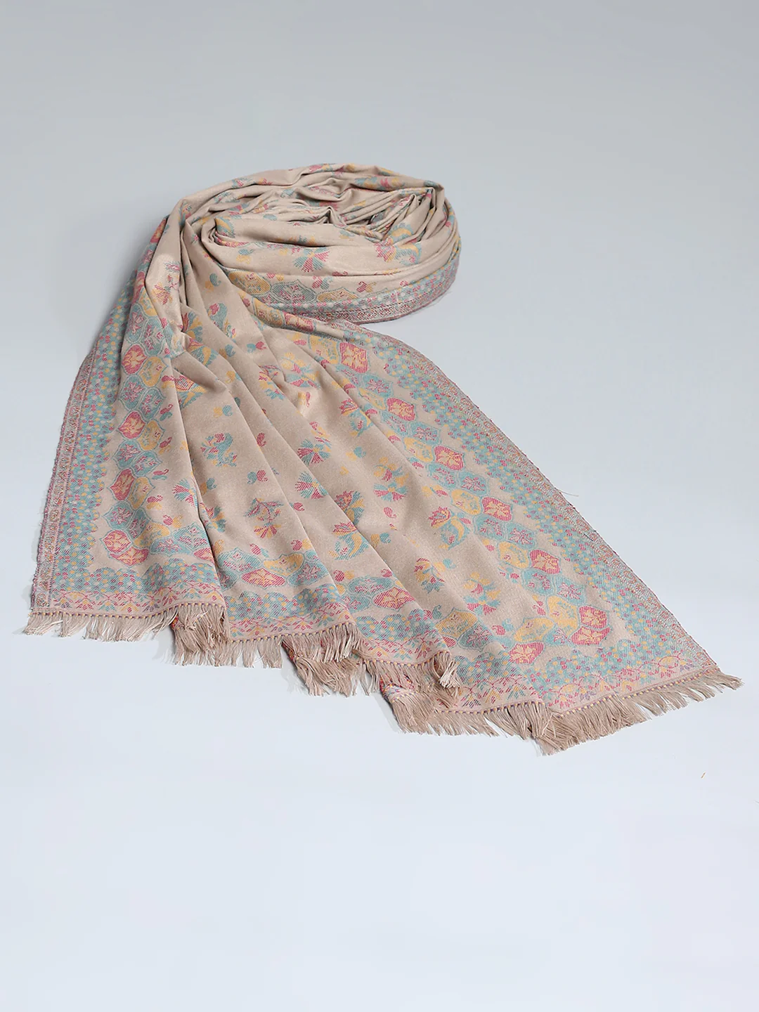 Women Beige Self Design Shawl - Image 5