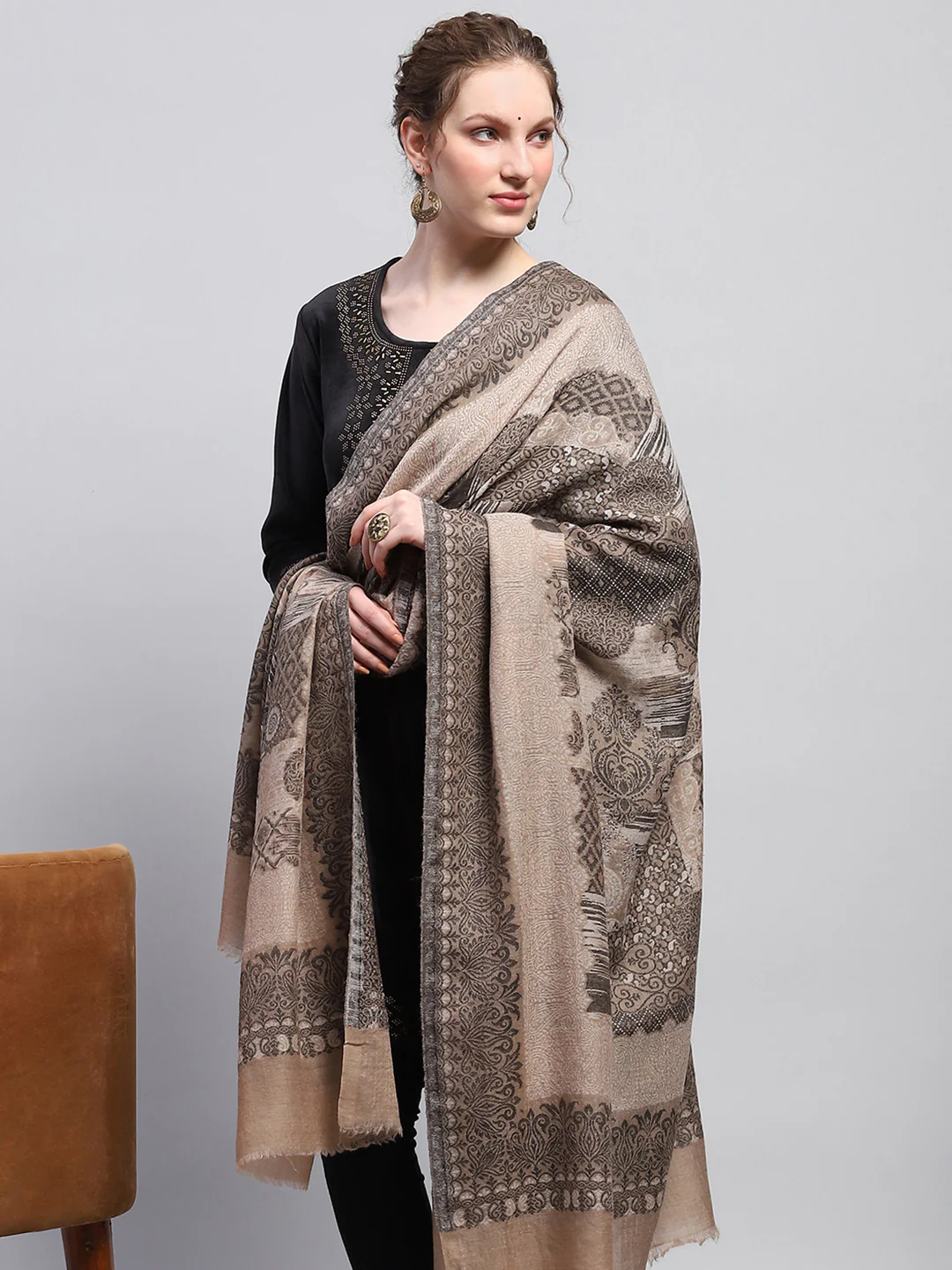 Women Beige Self Design Shawl - Image 2