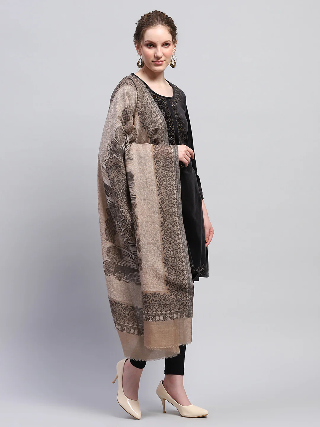 Women Beige Self Design Shawl - Image 4