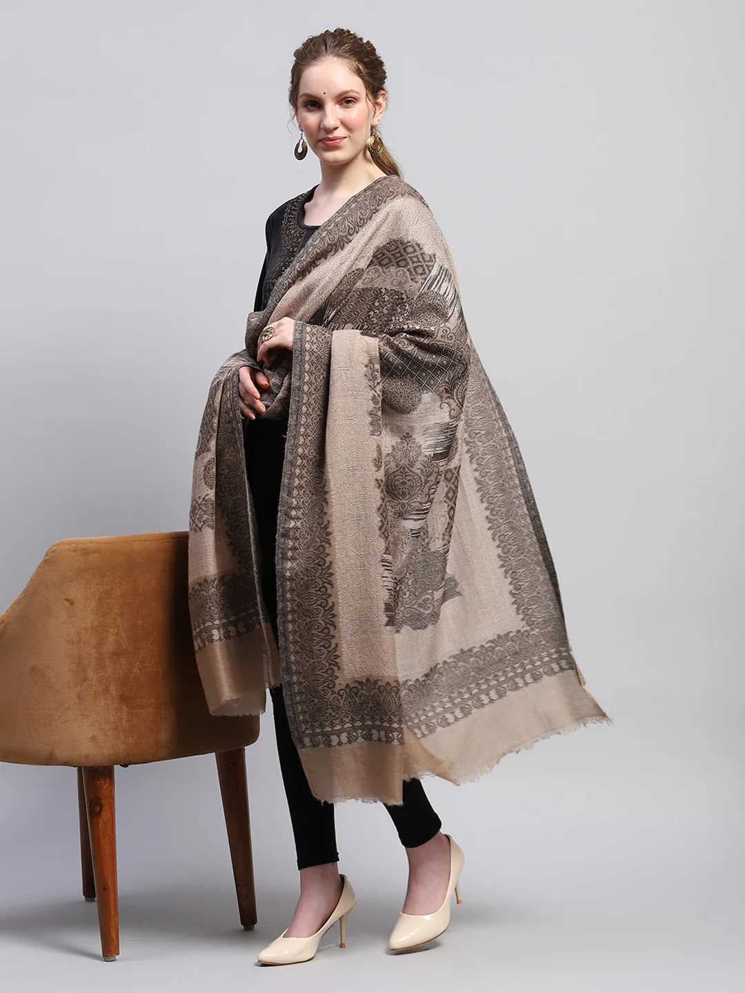 Women Beige Self Design Shawl - Image 5
