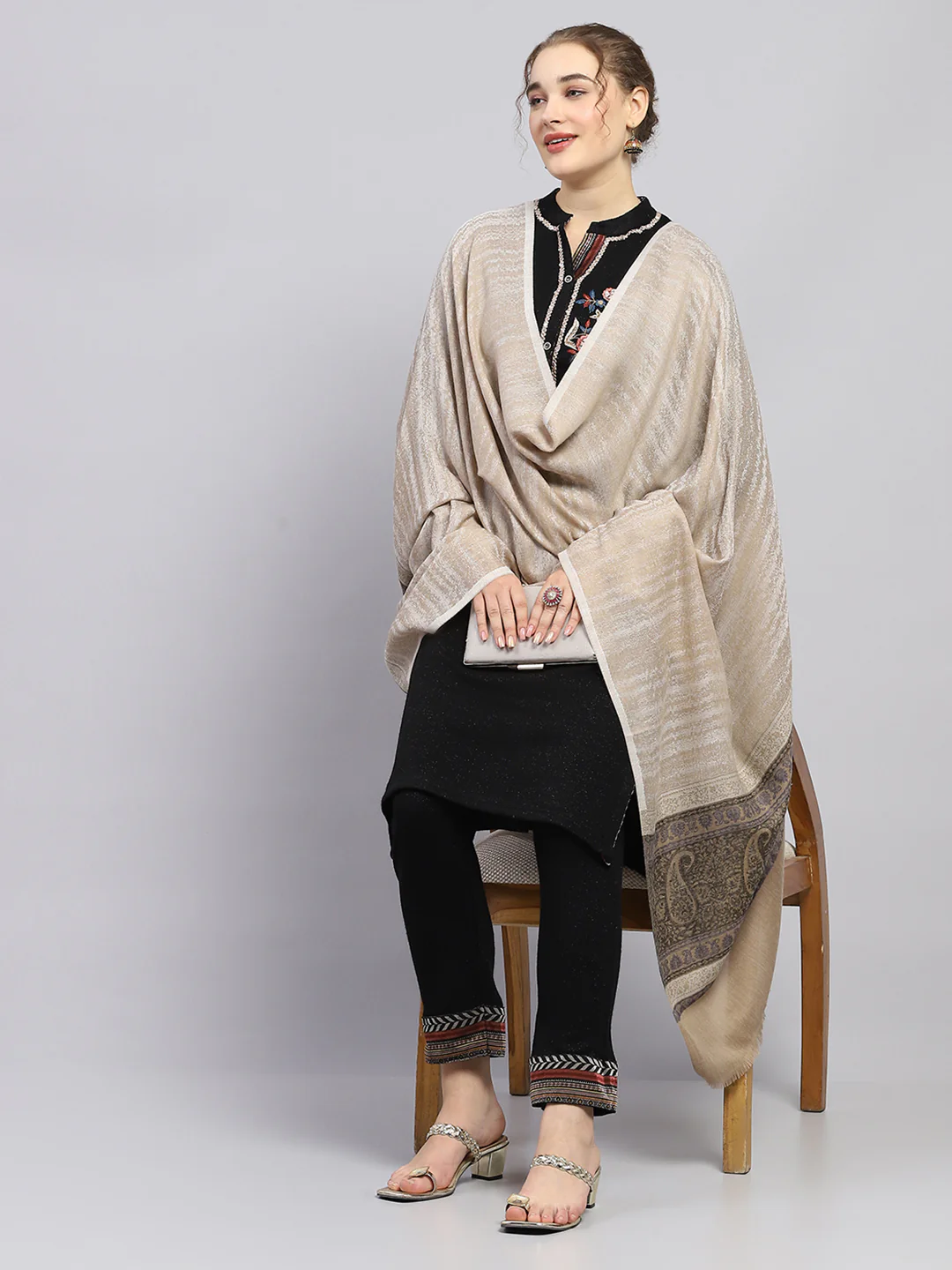 Women Beige Self Design Shawl - Image 2