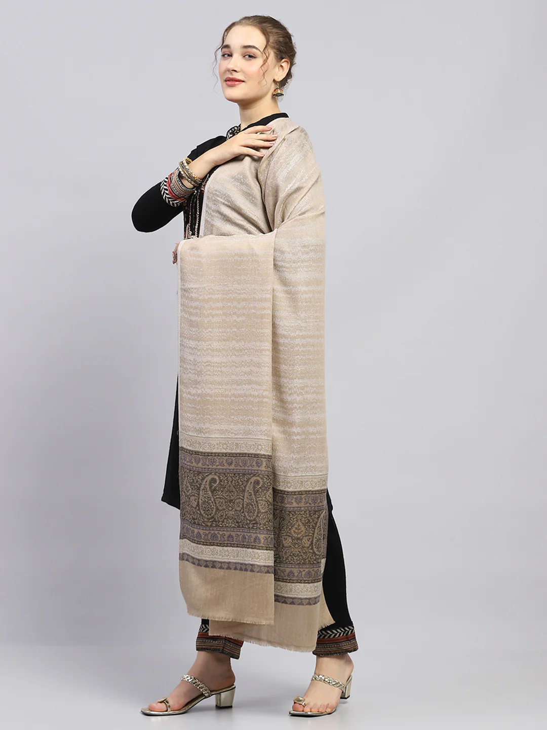 Women Beige Self Design Shawl - Image 3