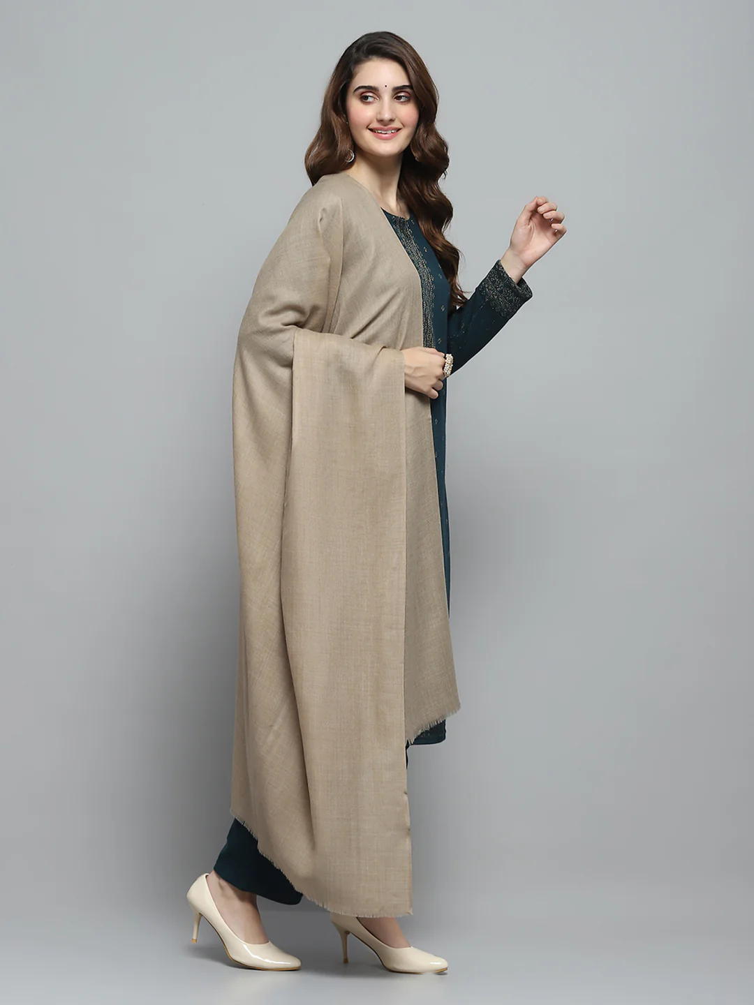 Women Beige Self Design Shawl - Image 4
