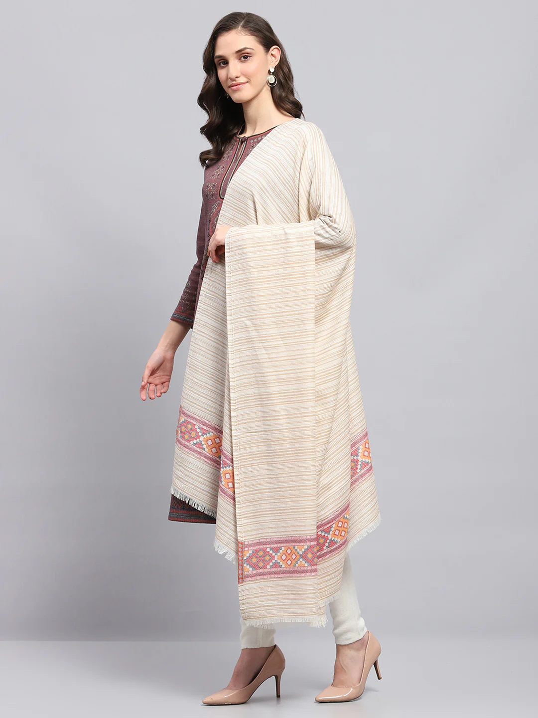 Women Beige Self Design Shawl - Image 4