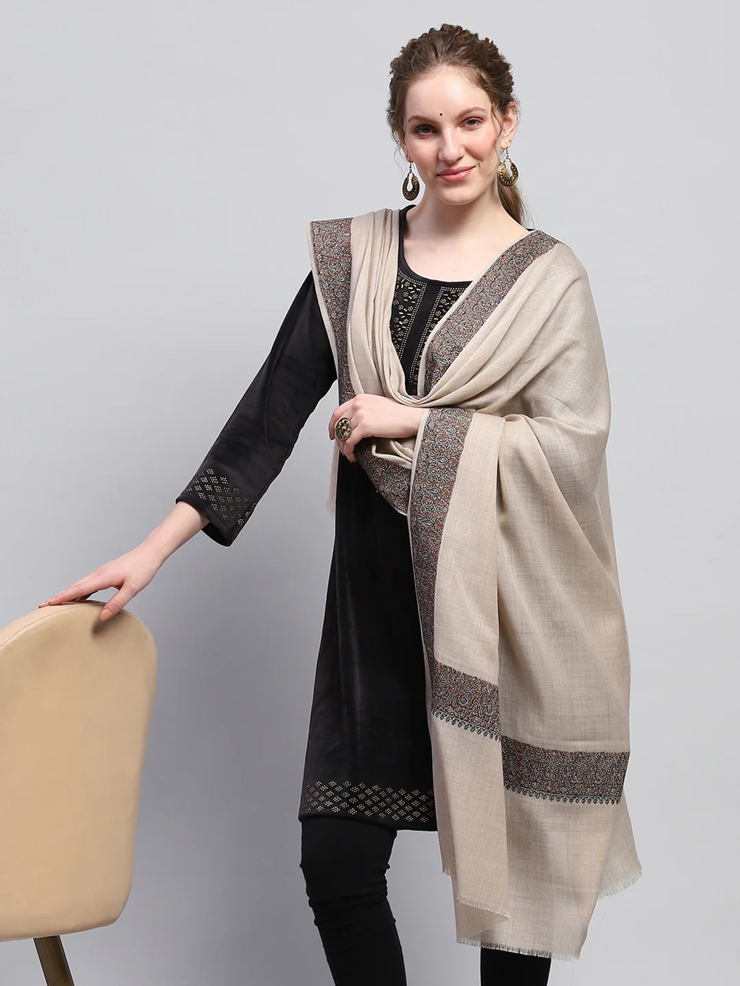 Women Beige Self Design Shawl - Image 2