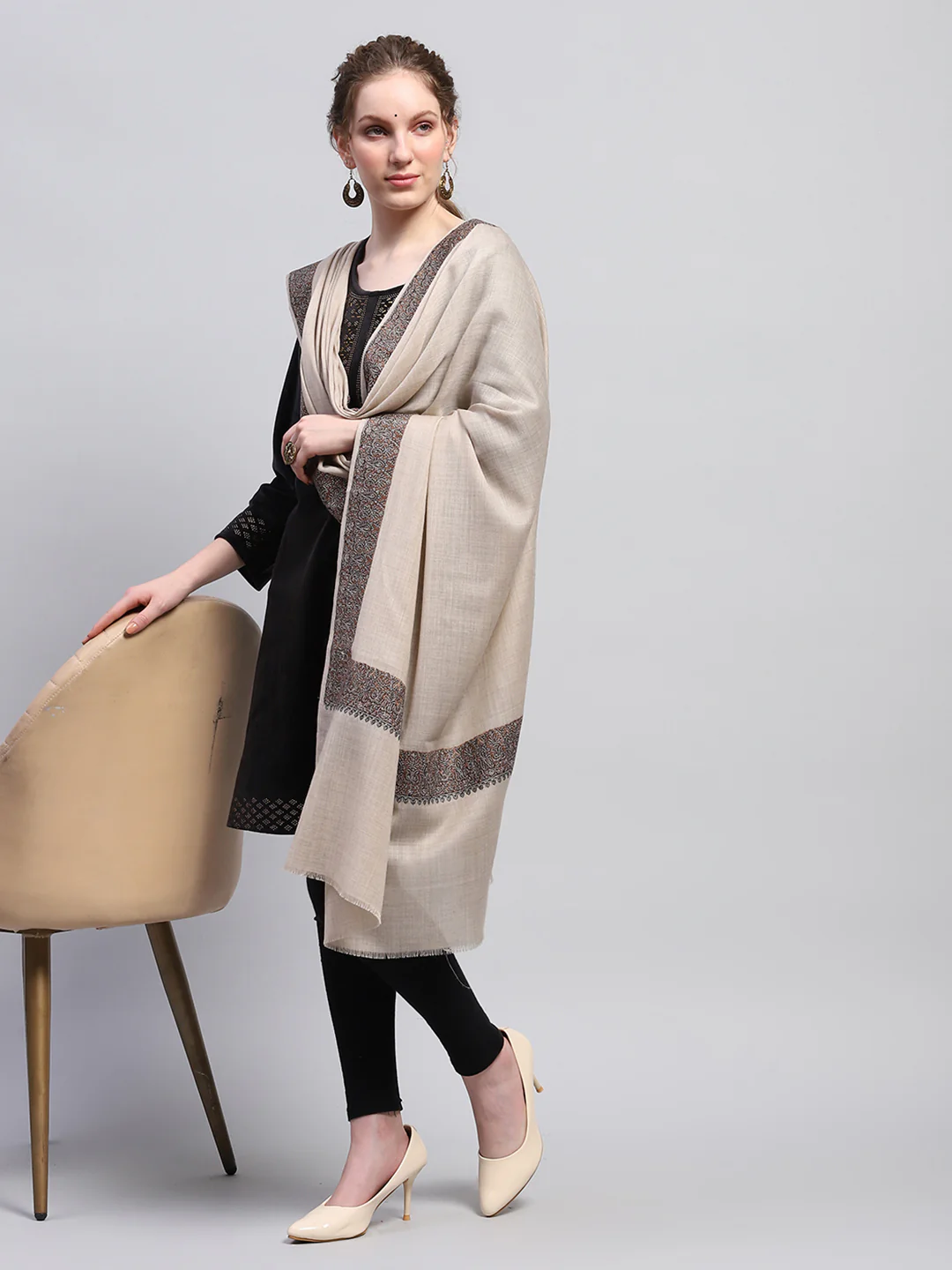 Women Beige Self Design Shawl - Image 5