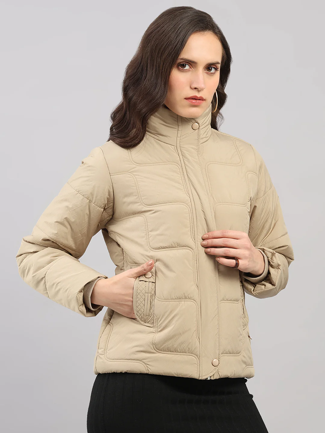 Women Beige Self Design Stand Collar Full Sleeve Jacket - Image 4