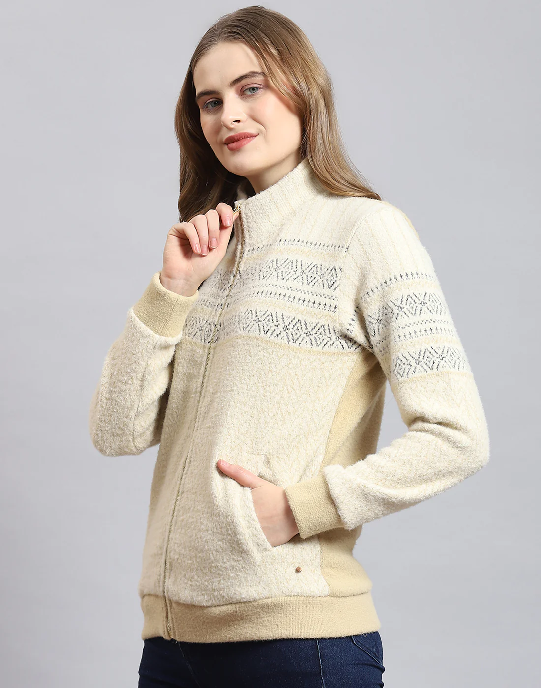Women Beige Self Design Stand Collar Full Sleeve Sweatshirt - Image 4