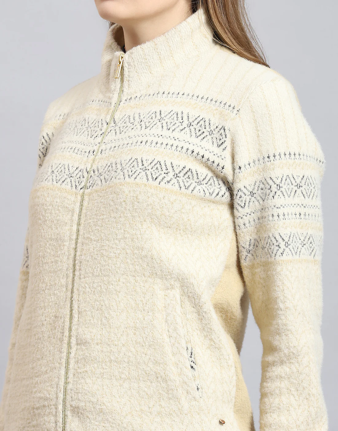 Women Beige Self Design Stand Collar Full Sleeve Sweatshirt - Image 6