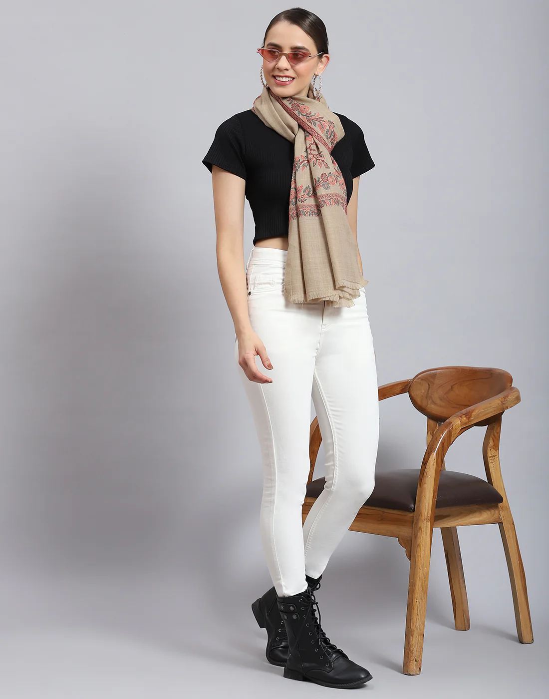 Women Beige Self Design Stole - Image 2