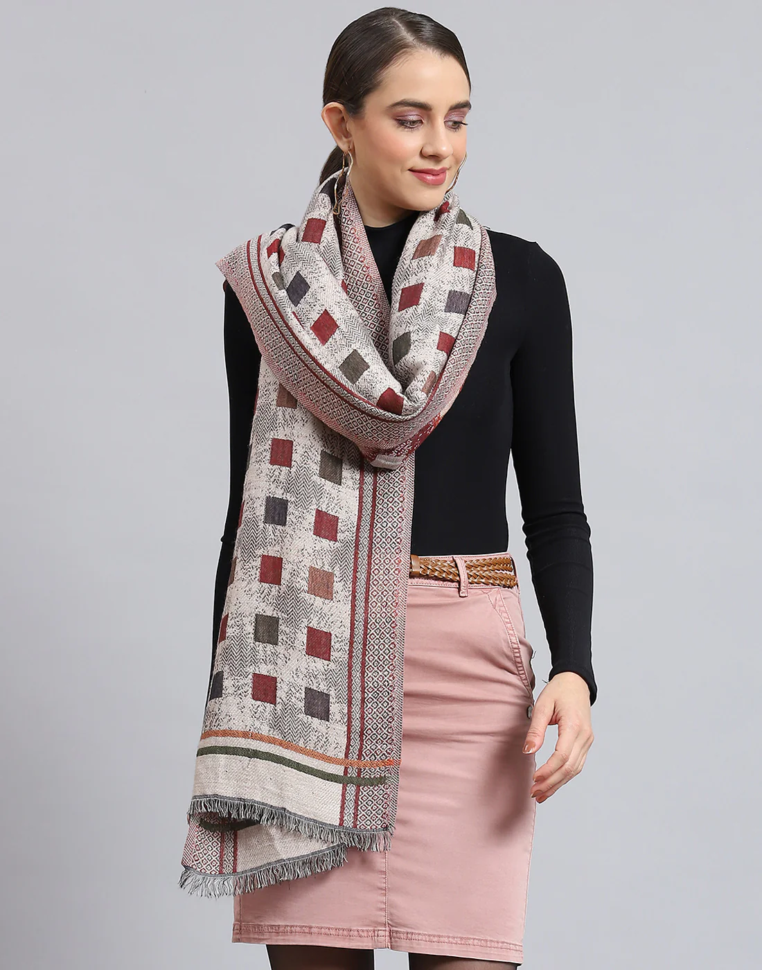 Women Beige Self Design Stole - Image 2