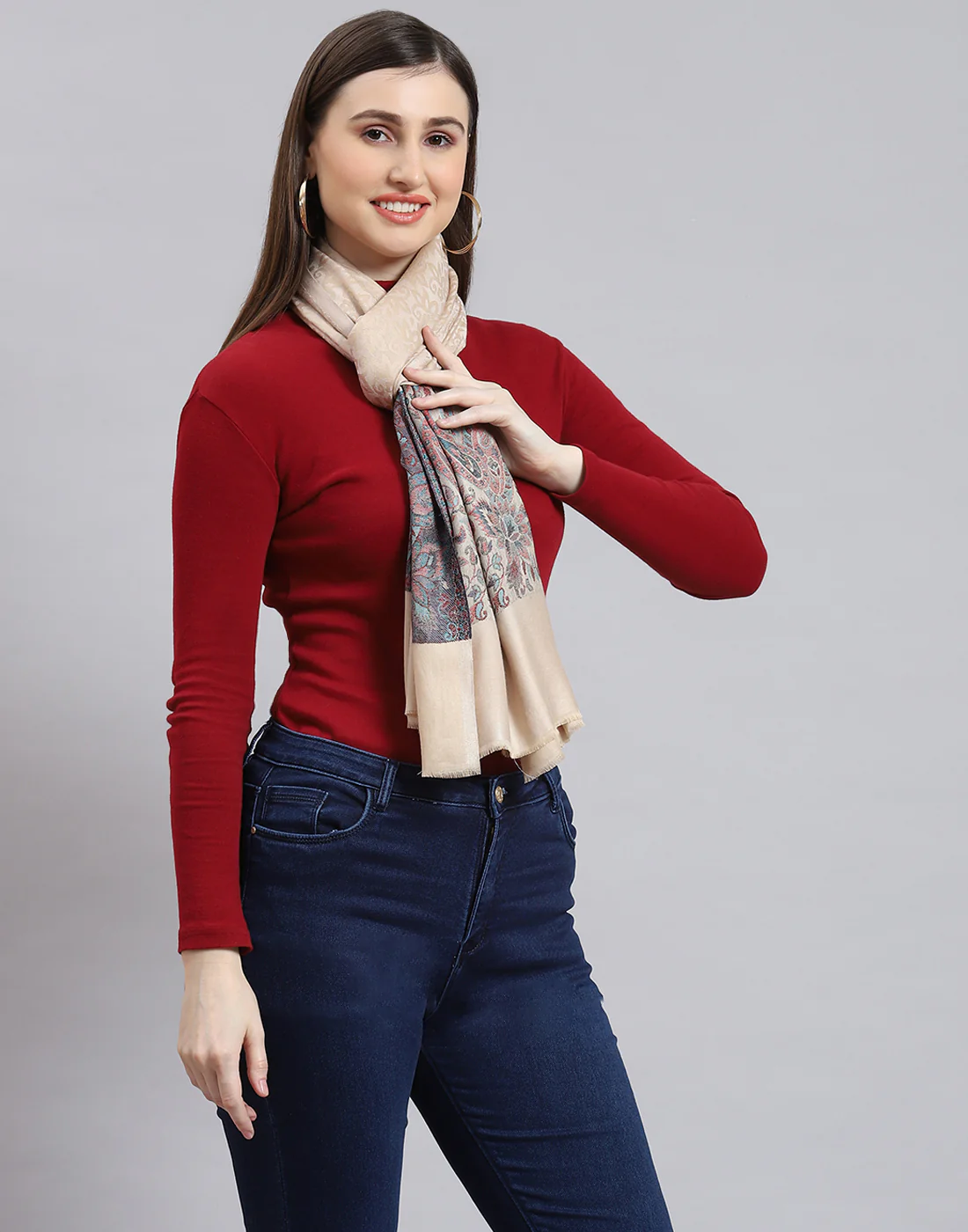 Women Beige Self Design Stole - Image 4