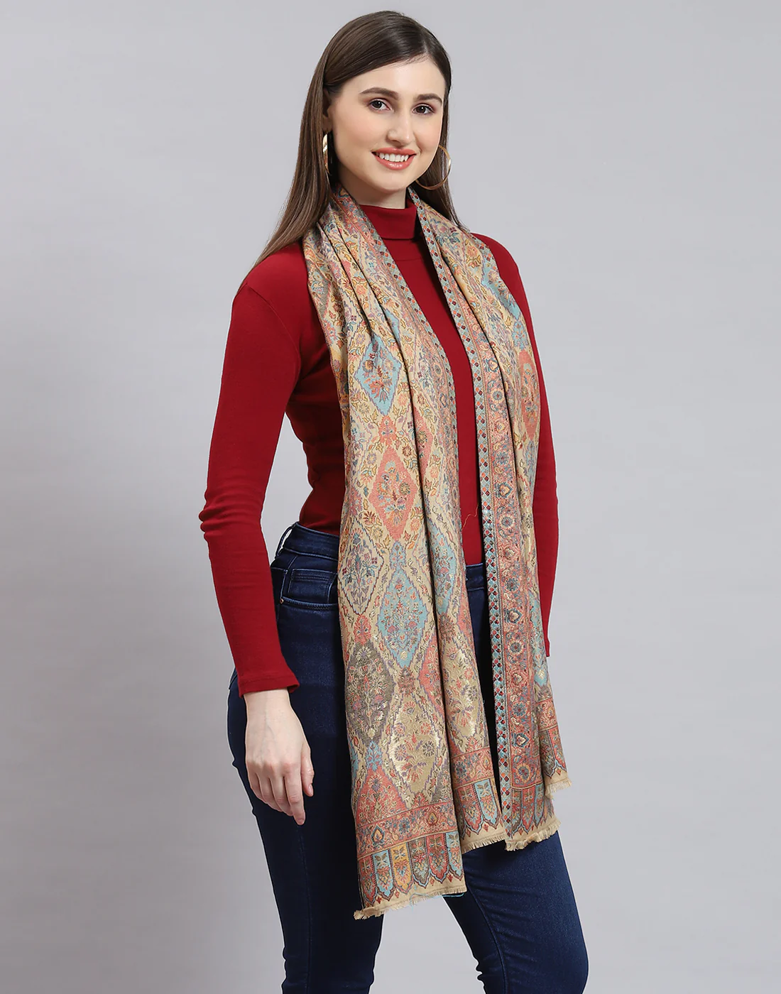 Women Beige Self Design Stole - Image 4