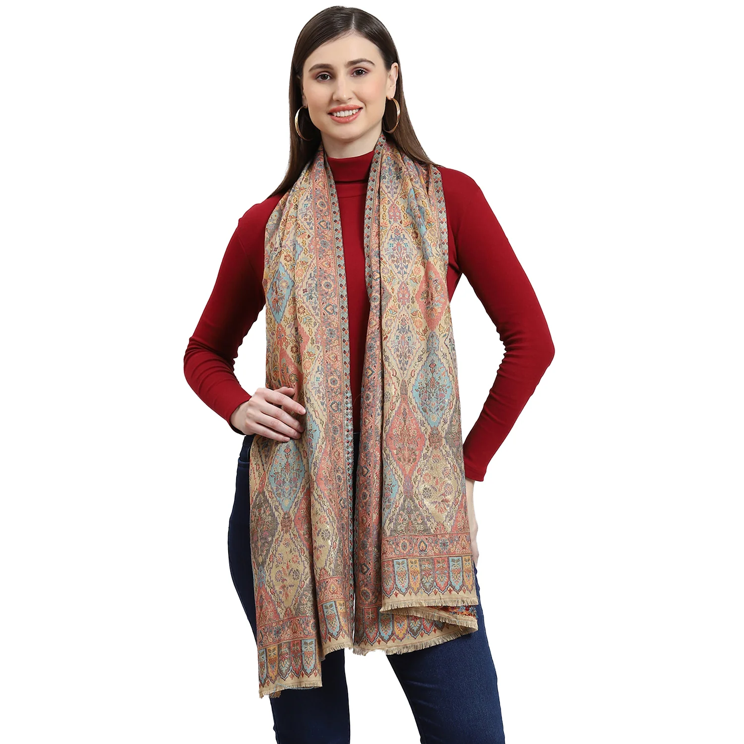 Women Beige Self Design Stole - Image 5