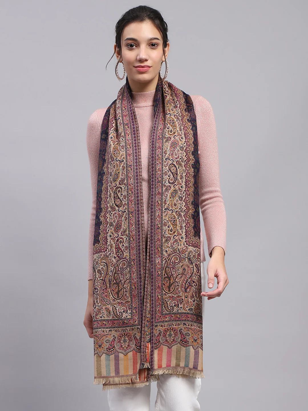 Women Beige Self Design Stole - Image 3