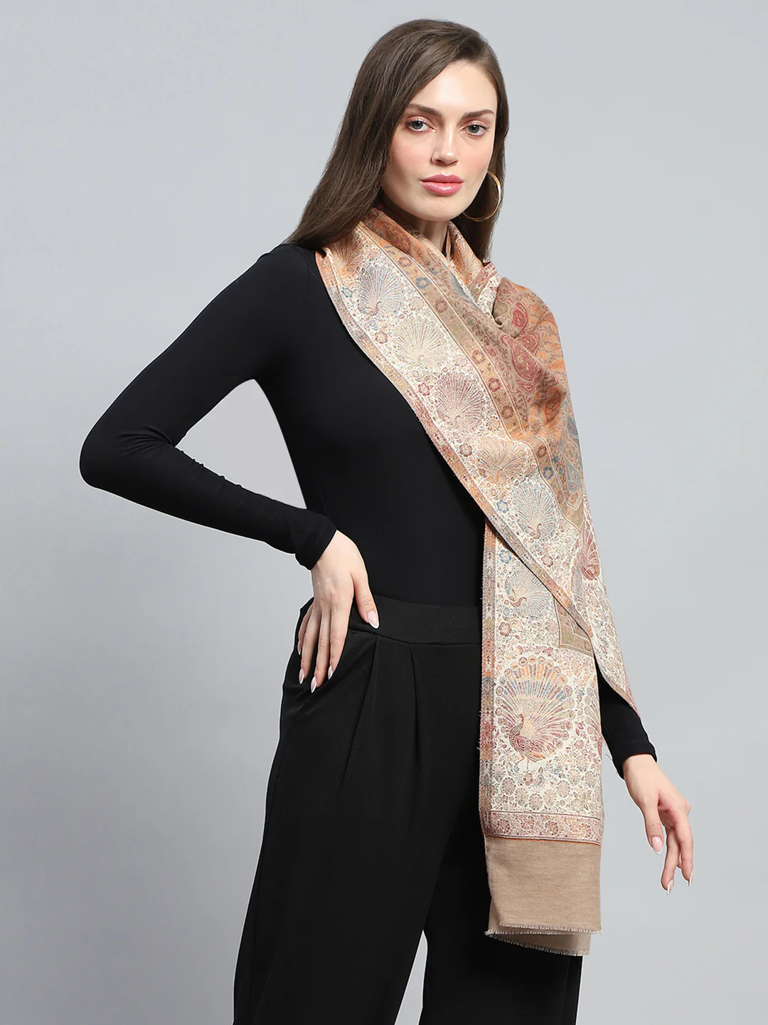 Women Beige Self Design Stole - Image 4