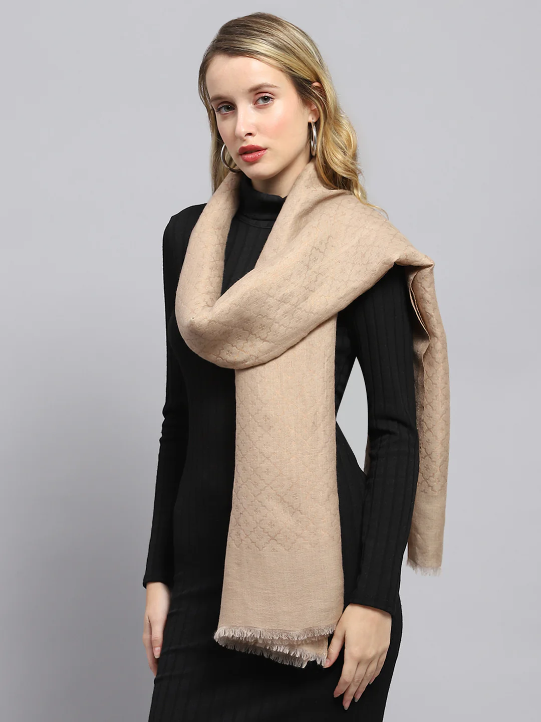 Women Beige Self Design Stole - Image 4