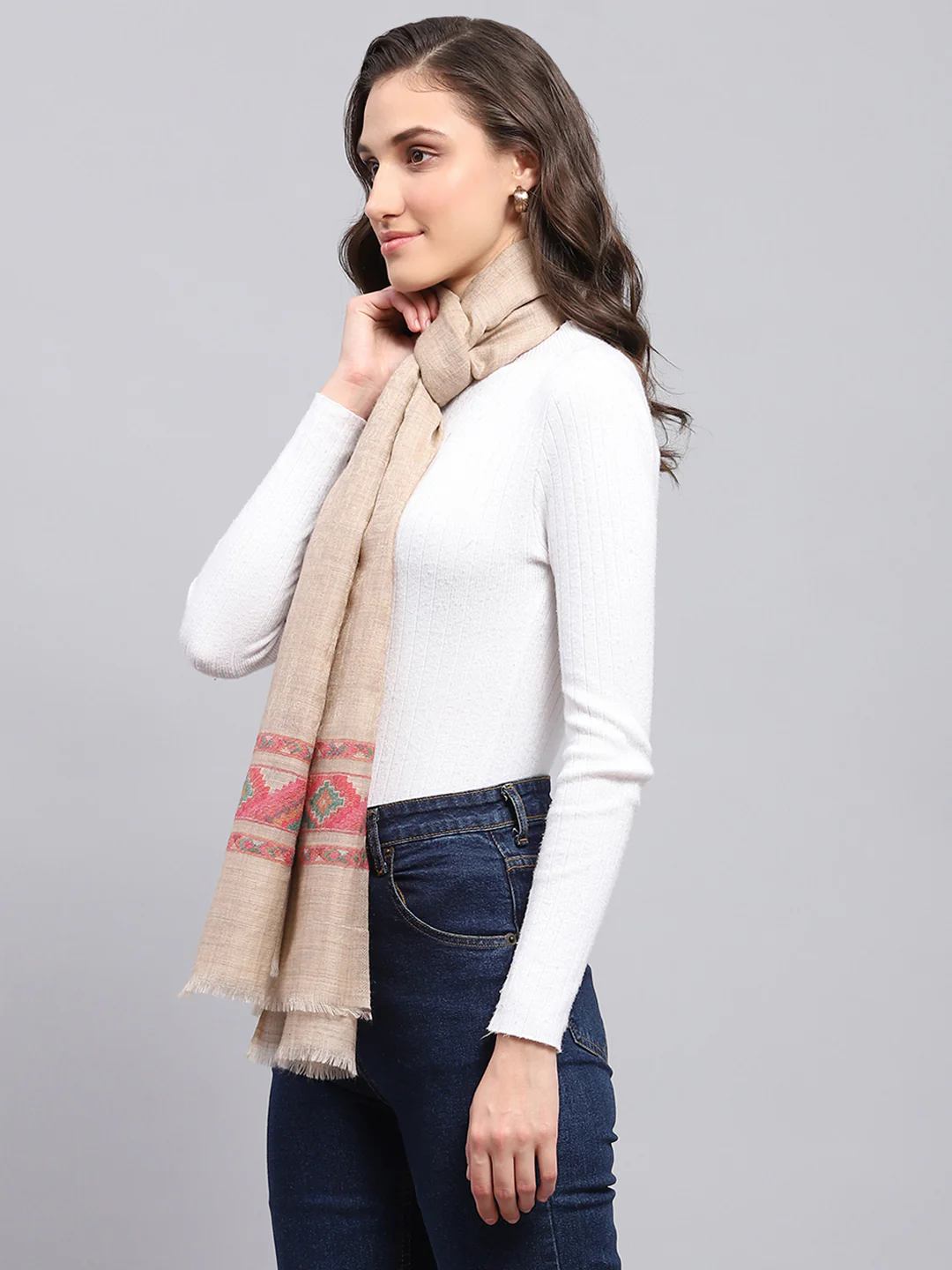 Women Beige Self Design Stole - Image 4
