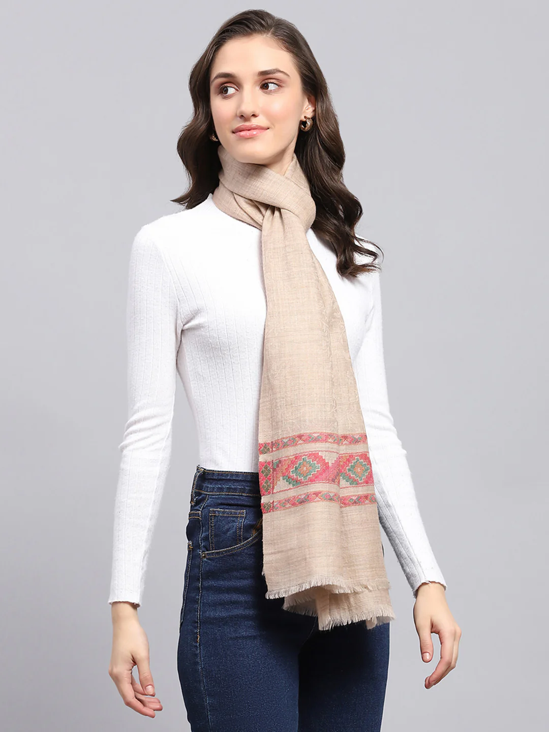 Women Beige Self Design Stole - Image 5