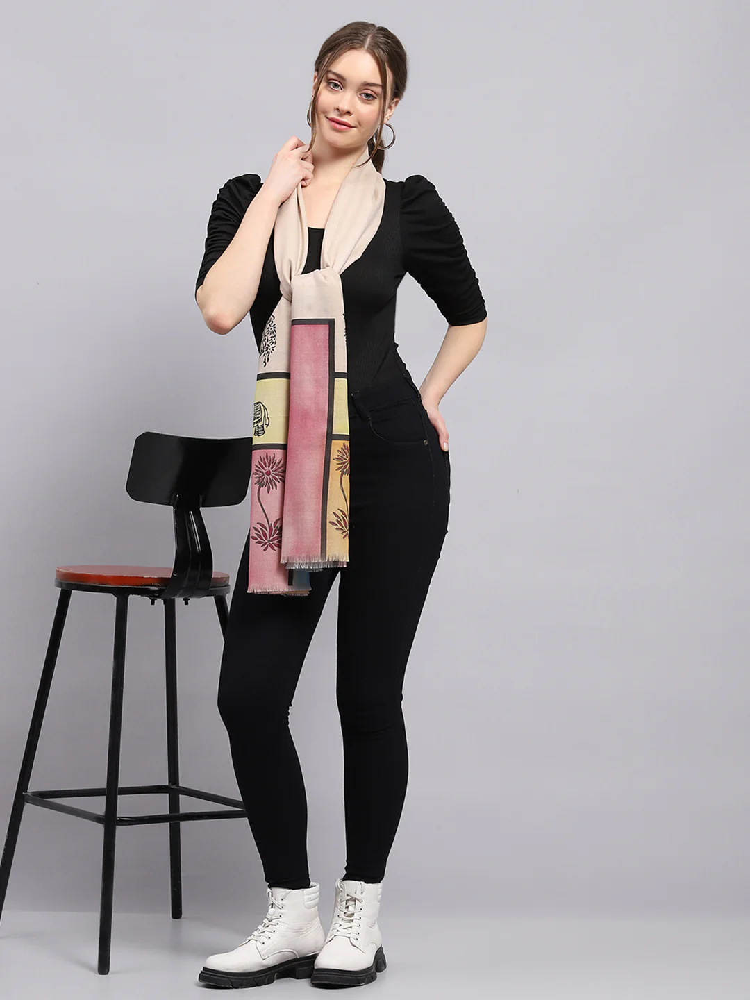 Women Beige Self Design Stole - Image 2