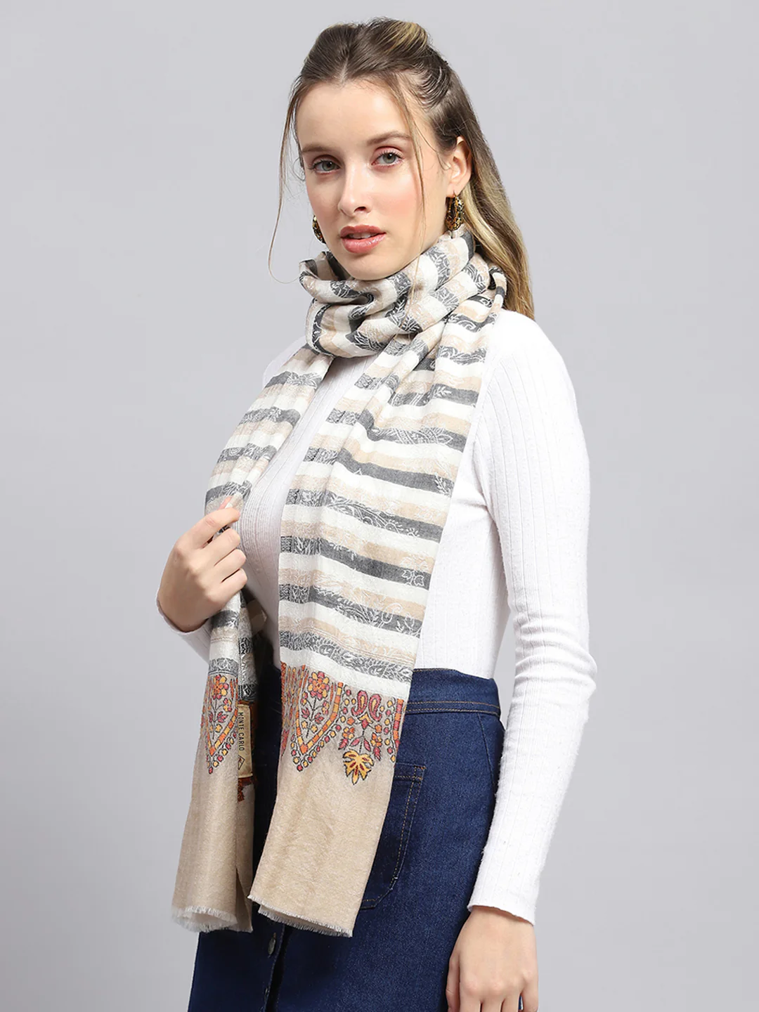Women Beige Self Design Stole - Image 4