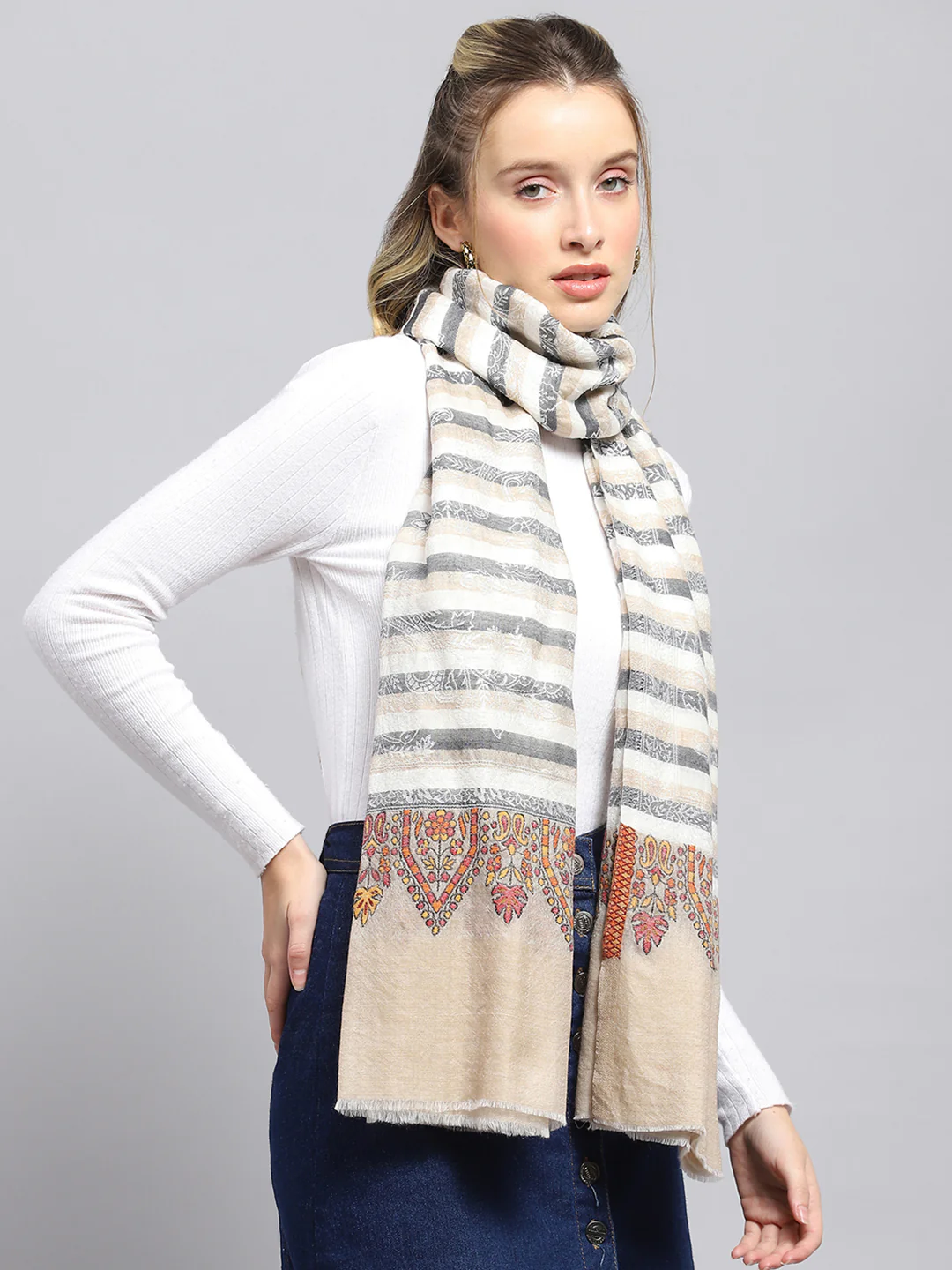 Women Beige Self Design Stole - Image 5
