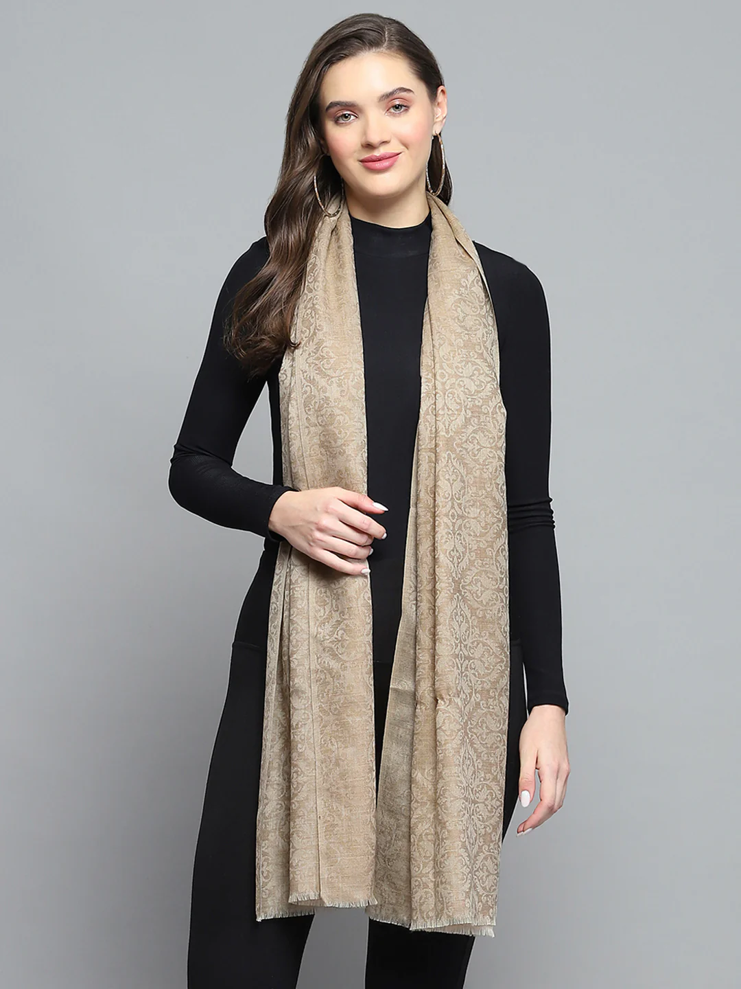 Women Beige Self Design Stole - Image 3