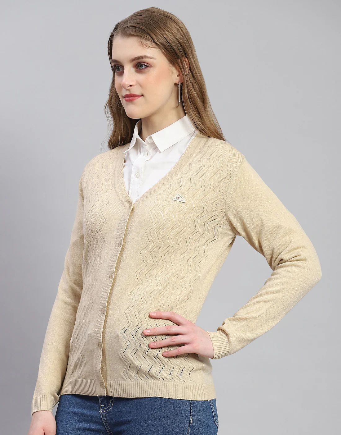 Women Beige Self Design V Neck Full Sleeve Cardigan - Image 3