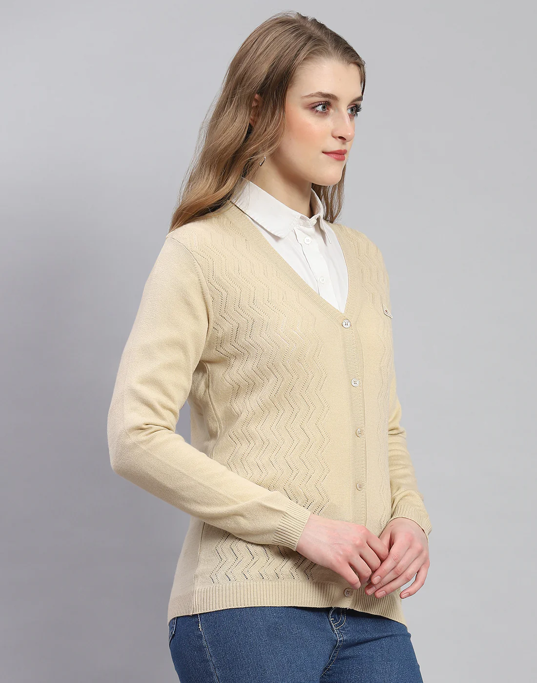 Women Beige Self Design V Neck Full Sleeve Cardigan - Image 4