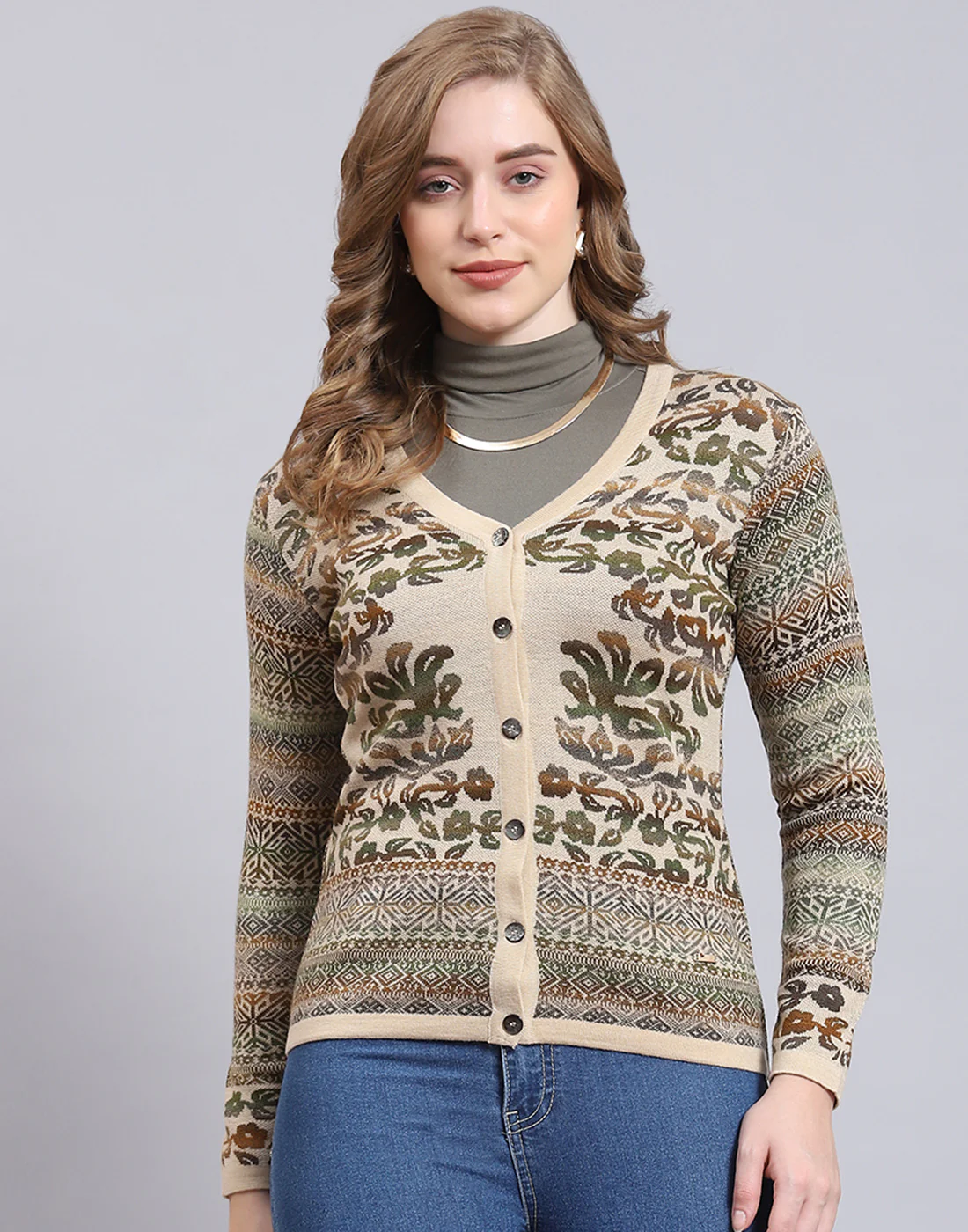 Women Beige Self Design V Neck Full Sleeve Cardigan - Image 2