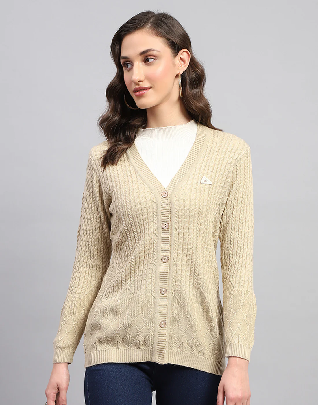 Women Beige Self Design V Neck Full Sleeve Cardigan - Image 3