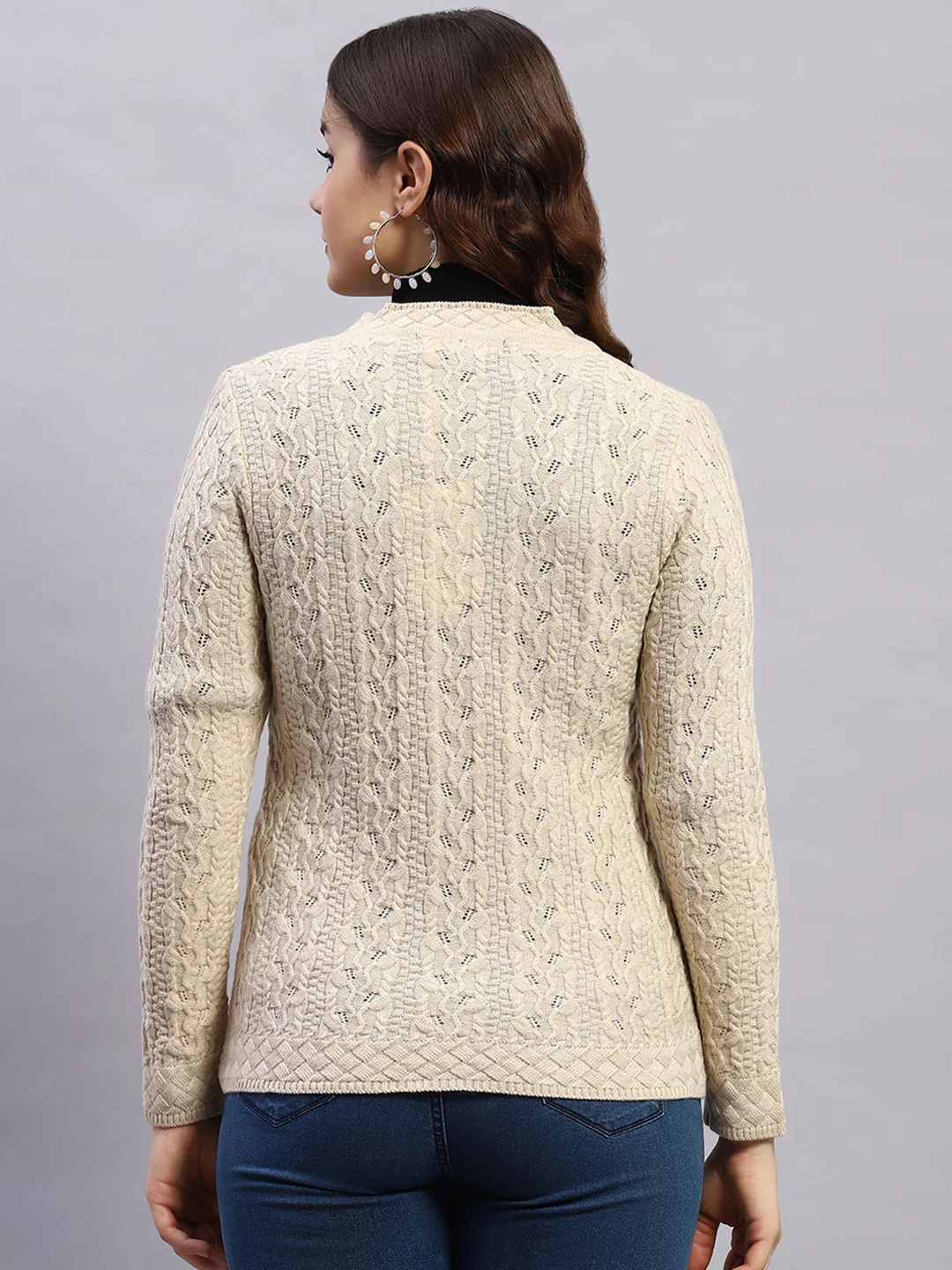 Women Beige Self Design V Neck Full Sleeve Cardigan - Image 5