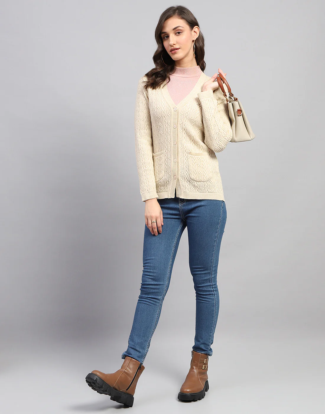 Women Beige Self Design V Neck Full Sleeve Cardigan - Image 6
