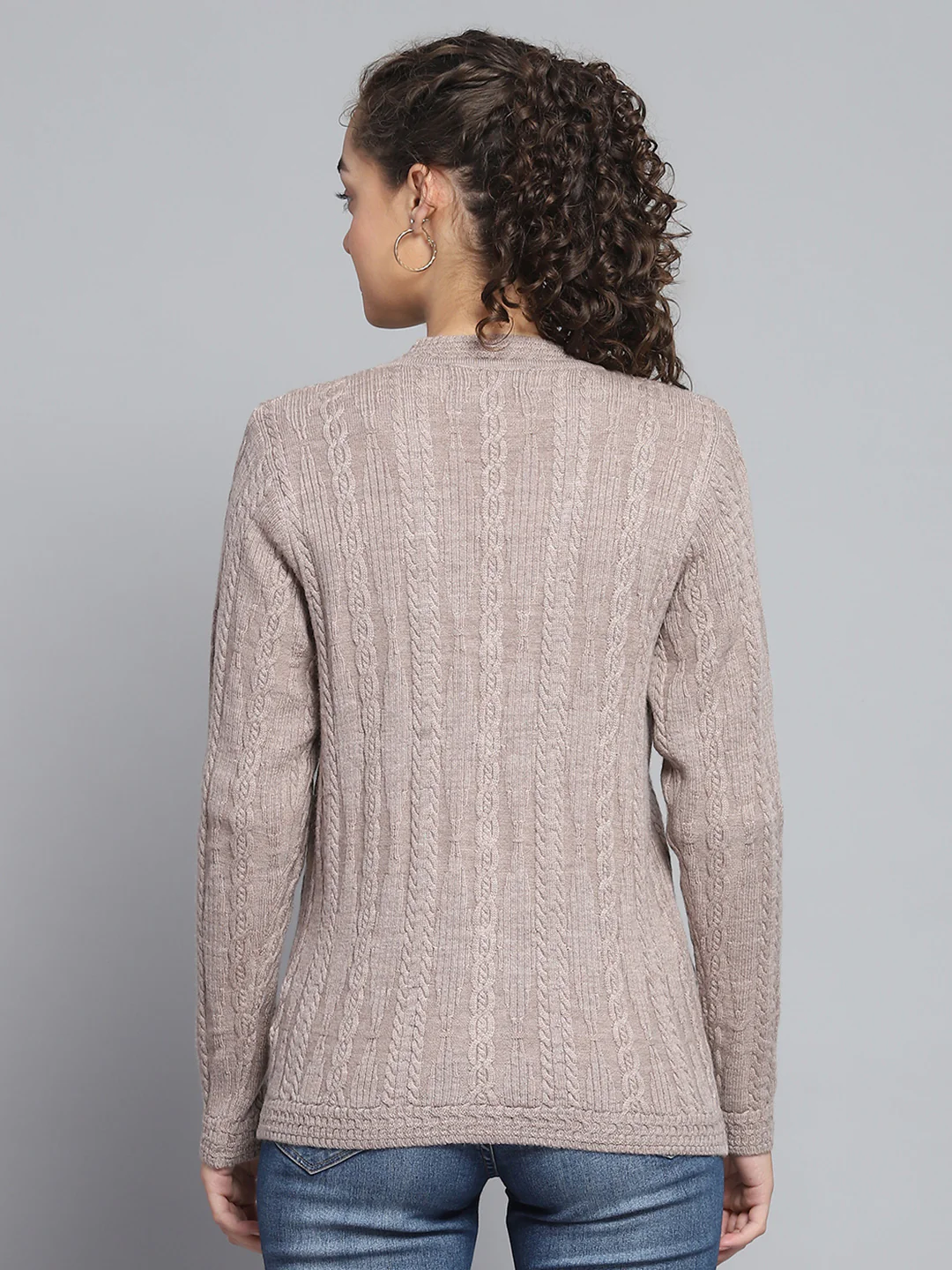 Women Beige Self Design V Neck Full Sleeve Cardigan - Image 5